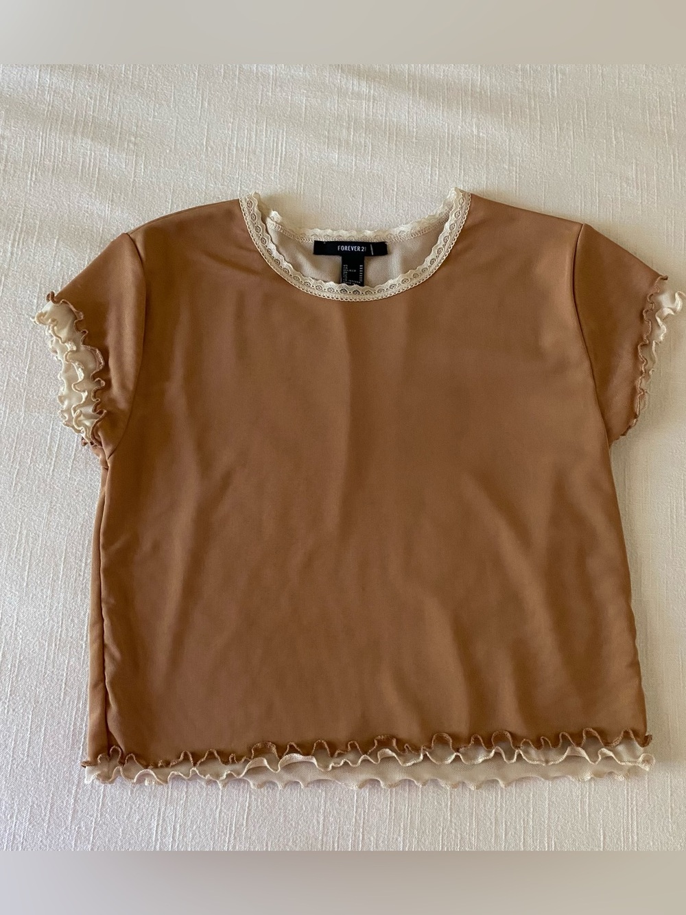 Forever 21 Tan Short Sleeve Top with Cream Lace Trim